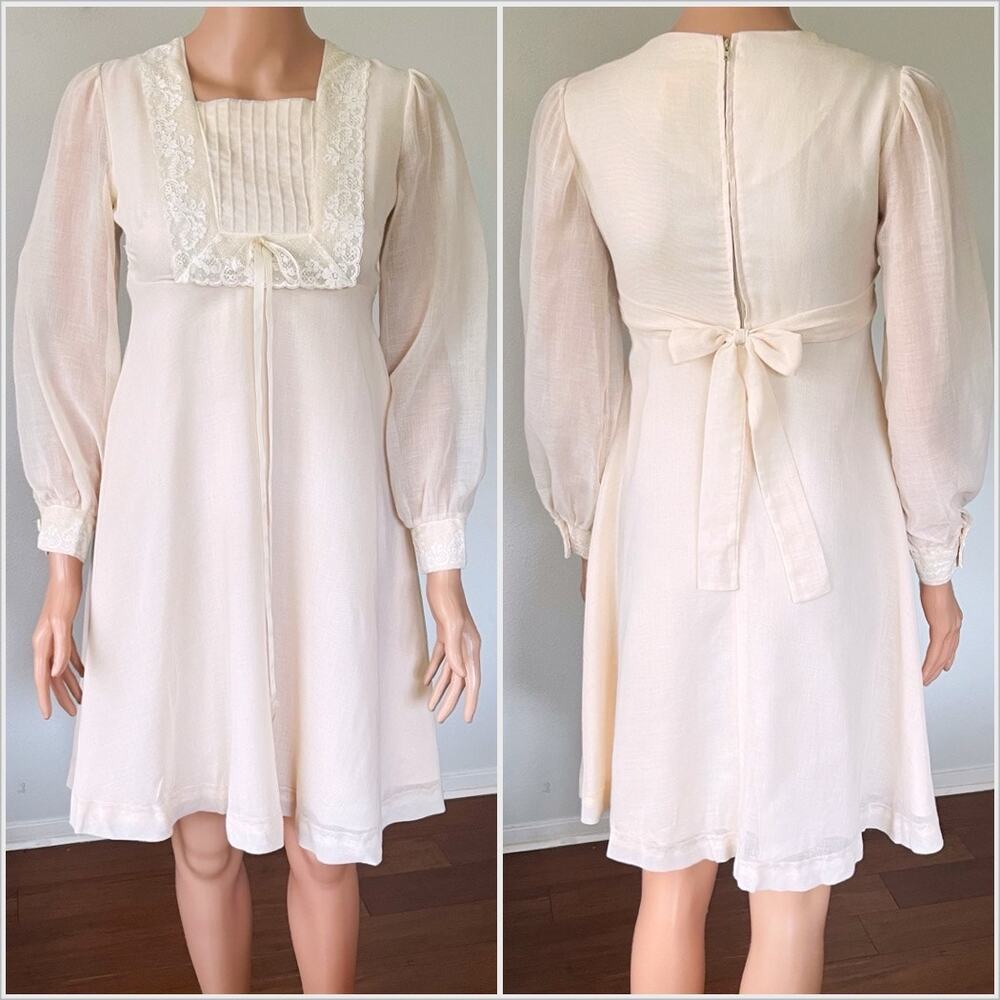 Vintage 70s Blush Mini Dress Lace‎ Long Puff Sleeve Babydoll Wedding // Size XS